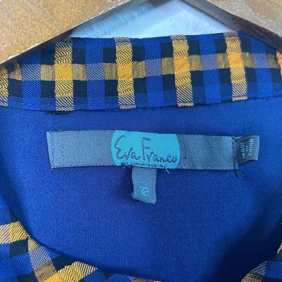 Eva Franco Anthropologie Top Blouse Blue Textured Plaid Puff Sleeve Size 12 - Picture 6 of 13